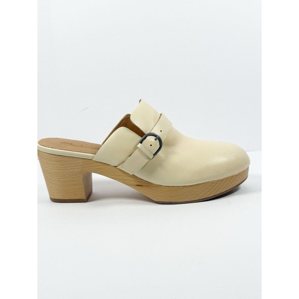 Madewell Monique Buckle Clogs Ivory Leather Chunky Wood Heel Buckle Slip On Sz 9 - Picture 12 of 16